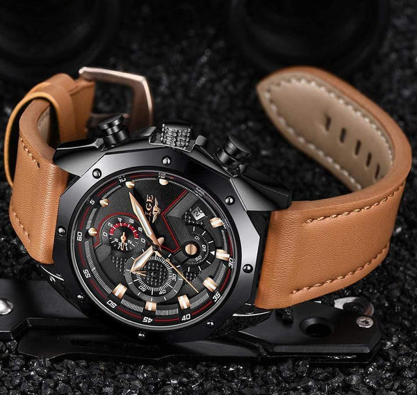 Planet Gates Rose gold black Mens Watches Top Brand Luxury Quartz Gold Watch Men Casual Leather Military Waterproof Sport Wristwatch Relogio Masculino