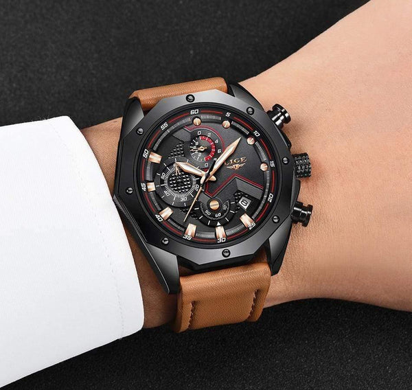 Planet Gates Rose gold black Mens Watches Top Brand Luxury Quartz Gold Watch Men Casual Leather Military Waterproof Sport Wristwatch Relogio Masculino