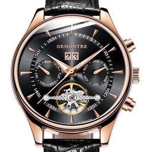Planet Gates Rose Gold  Black Skeleton Tourbillon Mechanical Watch Men Automatic Classic Rose Gold Leather Mechanical Wrist Watches Reloj Hombre 2018 Luxury