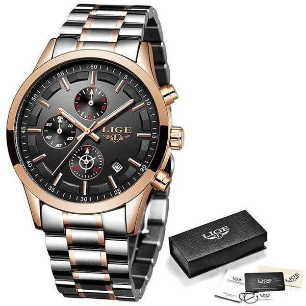 Planet Gates Rose Gold Black Watch Men Top Brand Luxury Chronograph Male Sport Watch Quartz Clock Stainless Steel Waterproof Men Watch Relogio Masculino
