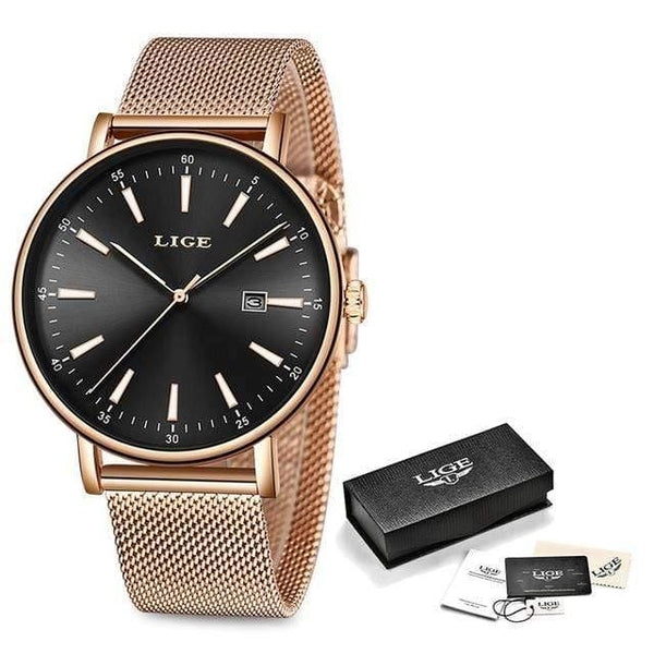 Planet Gates Rose gold black Watch Women Stainless Steel Waterproof Watch Super Slim Mesh Belt Clock Ladies Gift Watch Relogio Feminino