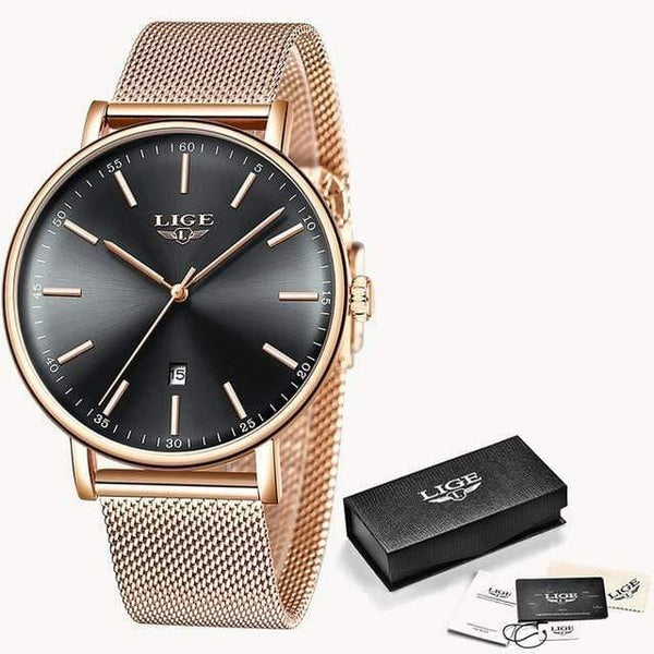 Planet Gates Rose gold black Women's Watch  Top Brand Luxury Women Fashion Casual All Steel Ultra-Thin Mesh Belt Quartz Clock Relogio Feminino+Box