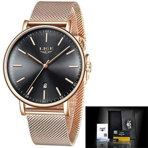 Planet Gates Rose gold black Women Watches Top Brand Luxury Ladies Mesh Belt Ultra-thin Watch Stainless Steel Waterproof Clock Quartz Watch Reloj Mujer