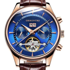 Planet Gates Rose Gold  Blue Skeleton Tourbillon Mechanical Watch Men Automatic Classic Rose Gold Leather Mechanical Wrist Watches Reloj Hombre 2018 Luxury