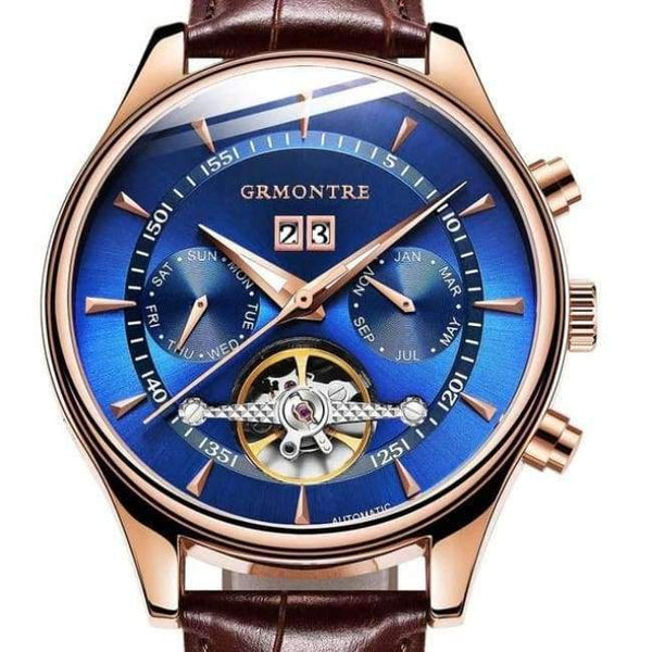 Planet Gates Rose Gold  Blue Skeleton Tourbillon Mechanical Watch Men Automatic Classic Rose Gold Leather Mechanical Wrist Watches Reloj Hombre 2018 Luxury