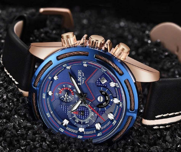 Planet Gates Rose gold blue Watch Men Fashion Sport Quartz Clock Leather Mens Watches Top Brand Luxury Gold Waterproof Business Watch Relogio Masculino
