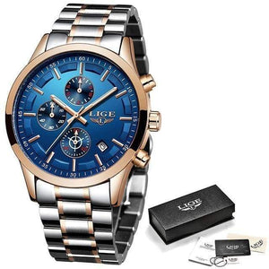 Planet Gates Rose Gold Blue Watch Men Top Brand Luxury Chronograph Male Sport Watch Quartz Clock Stainless Steel Waterproof Men Watch Relogio Masculino