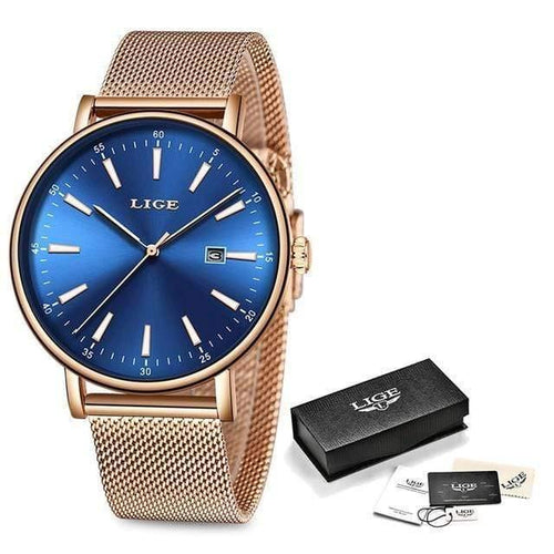 Planet Gates Rose gold blue Watch Women Stainless Steel Waterproof Watch Super Slim Mesh Belt Clock Ladies Gift Watch Relogio Feminino