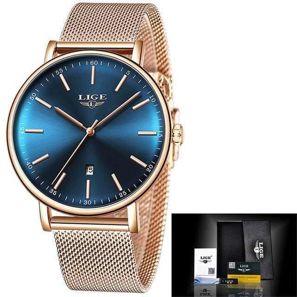 Planet Gates Rose gold blue Women Watches Top Brand Luxury Ladies Mesh Belt Ultra-thin Watch Stainless Steel Waterproof Clock Quartz Watch Reloj Mujer