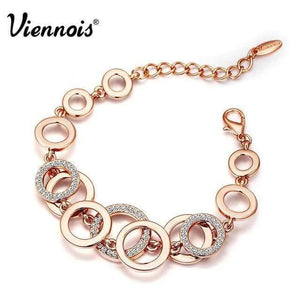 Planet Gates Rose Gold Color Rose Gold Circles Bracelet & Bangles For Women Rhinestones Paved Double Layer Round Female Wedding Jewelry 3 Colors