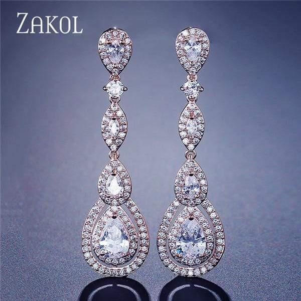 Planet Gates Rose Gold Color Water Drop Pear Cubic Zircon Long Dangles Drop Earrings for Elegant Women Bridal Wedding Jewelry Dress FSEP2114