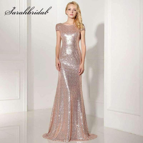 Planet Gates Rose Gold Shining Sequin Bridesmaid Dresses Sexy Backless Long Wedding Party Gowns Simple Maid of Honor Dress OS347