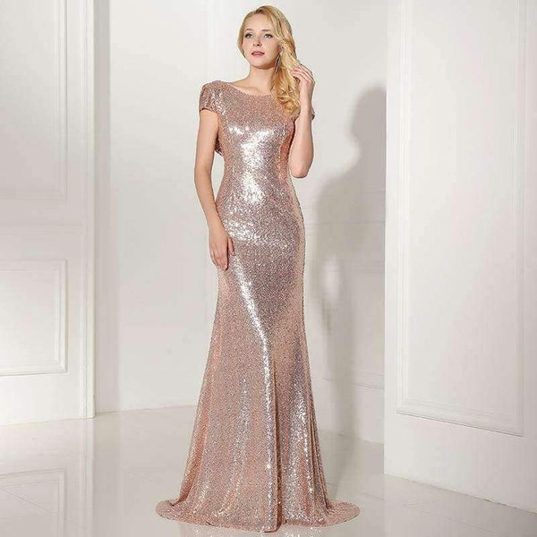 Planet Gates Rose Gold Shining Sequin Bridesmaid Dresses Sexy Backless Long Wedding Party Gowns Simple Maid of Honor Dress OS347