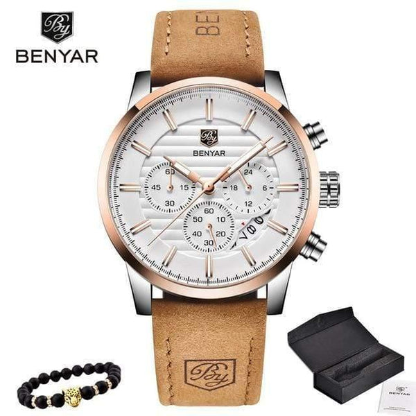 Planet Gates rose gold white Casual Fashion Men Quartz Watch Luxury Military Leather Strap Chronograph Men Watch Relogio Masculino