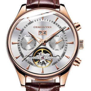 Planet Gates Rose Gold  White Skeleton Tourbillon Mechanical Watch Men Automatic Classic Rose Gold Leather Mechanical Wrist Watches Reloj Hombre 2018 Luxury