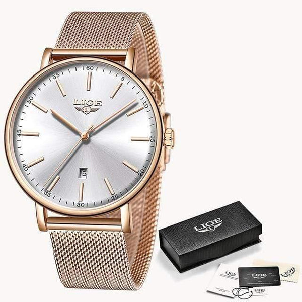Planet Gates Rose gold white Women's Watch  Top Brand Luxury Women Fashion Casual All Steel Ultra-Thin Mesh Belt Quartz Clock Relogio Feminino+Box