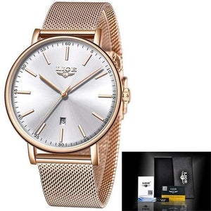 Planet Gates Rose gold white Women Watches Top Brand Luxury Ladies Mesh Belt Ultra-thin Watch Stainless Steel Waterproof Clock Quartz Watch Reloj Mujer