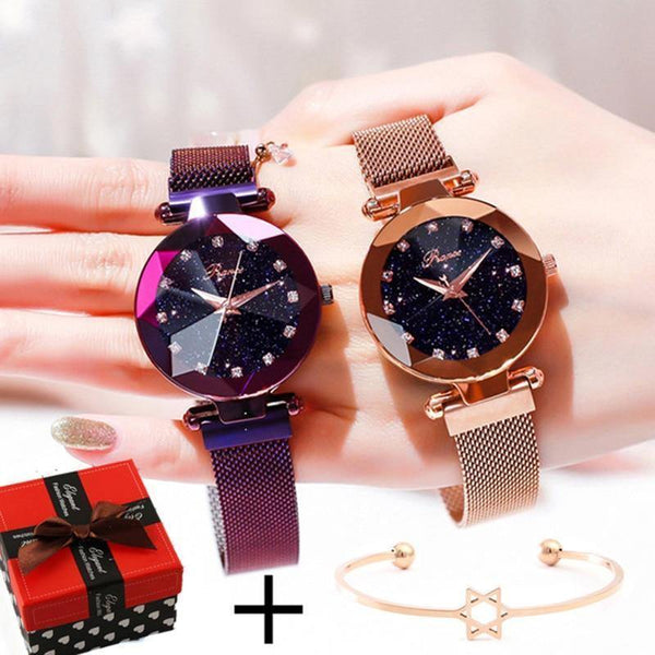 Planet Gates rose gold Women Bracelet Watch Luxury Starry Sky Magnetic Wrist Watch Rhinestone Mesh Wristwatch zegarek damski XFCS
