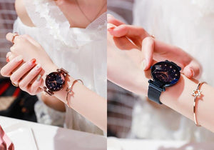 Planet Gates rose gold Women Bracelet Watch Luxury Starry Sky Magnetic Wrist Watch Rhinestone Mesh Wristwatch zegarek damski XFCS