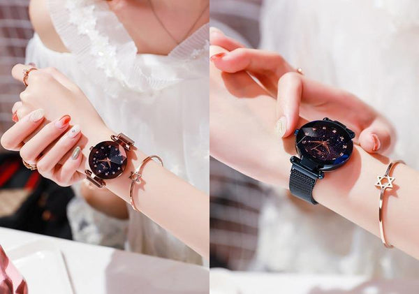 Planet Gates rose gold Women Bracelet Watch Luxury Starry Sky Magnetic Wrist Watch Rhinestone Mesh Wristwatch zegarek damski XFCS