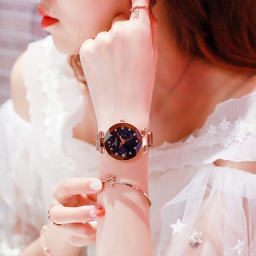 Planet Gates rose gold Women Bracelet Watch Luxury Starry Sky Magnetic Wrist Watch Rhinestone Mesh Wristwatch zegarek damski XFCS