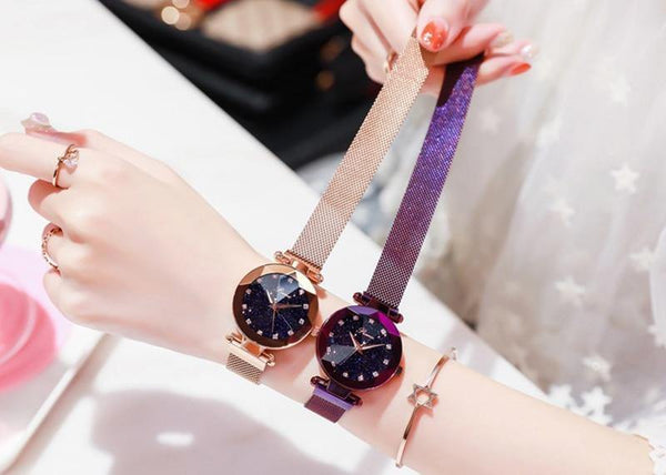 Planet Gates rose gold Women Bracelet Watch Luxury Starry Sky Magnetic Wrist Watch Rhinestone Mesh Wristwatch zegarek damski XFCS