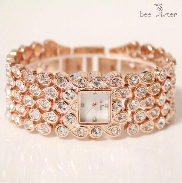 Planet Gates rose gold Women Full Rhinestone Watches Lady Shining Dress Watch Square Rose Gold Bracelet Wristwatch Ladies diamond Watch