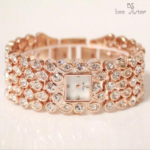 Planet Gates rose gold Women Full Rhinestone Watches Lady Shining Dress Watch Square Rose Gold Bracelet Wristwatch Ladies diamond Watch