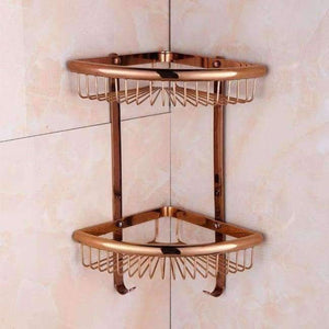 Planet Gates Rose Golden Double 2 Bathroom Shelves Pure Copper Corner Triangle Basket Single Double Layer With Hooks Cosmetic Rack Shower Shampoo Accessorie