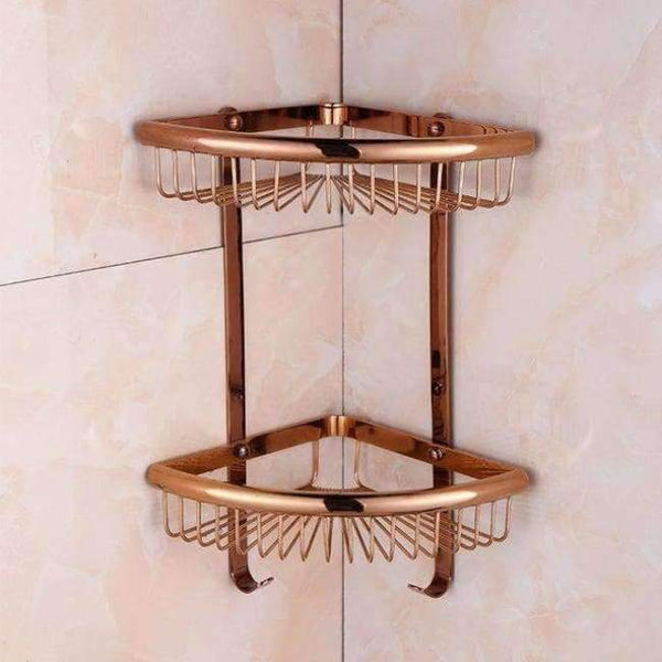 Planet Gates Rose Golden Double 2 Bathroom Shelves Pure Copper Corner Triangle Basket Single Double Layer With Hooks Cosmetic Rack Shower Shampoo Accessorie
