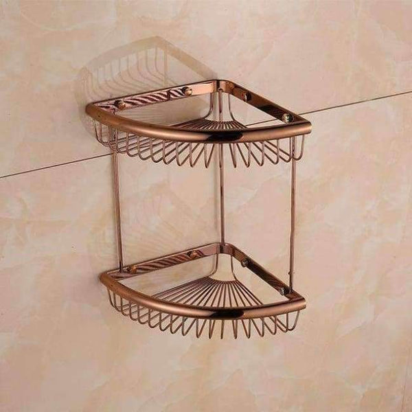 Planet Gates Rose Golden Double 3 Bathroom Shelves Pure Copper Corner Triangle Basket Single Double Layer With Hooks Cosmetic Rack Shower Shampoo Accessorie