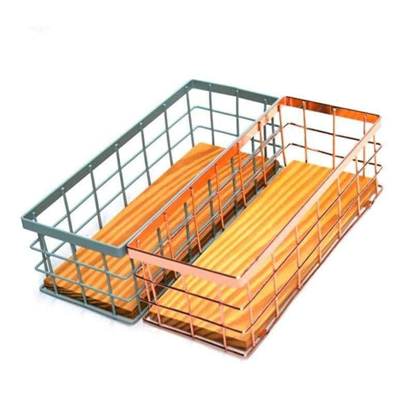 Planet Gates Rose Golden Office School Supplies Desk Accessories Organizer Small File Tray Iron Holder Mesh Wire with Wood Bottom