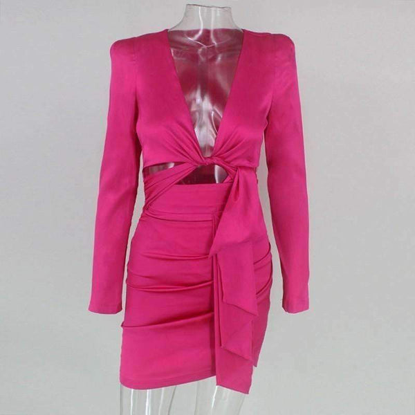 Planet Gates Rose / L Autumn Women Dress Mini Solid V Neck Sexy Dresses Solid Bodycon Elegant Long Sleeve Party Swimwear Woman Kylie Jenner Dress