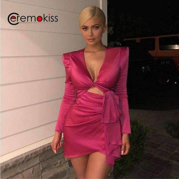 Planet Gates Rose / L Autumn Women Dress Mini Solid V Neck Sexy Dresses Solid Bodycon Elegant Long Sleeve Party Swimwear Woman Kylie Jenner Dress