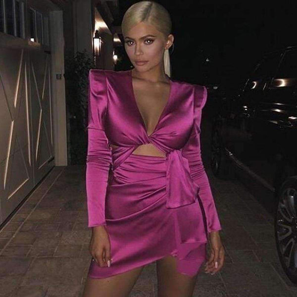 Planet Gates Rose / L Autumn Women Dress Mini Solid V Neck Sexy Dresses Solid Bodycon Elegant Long Sleeve Party Swimwear Woman Kylie Jenner Dress