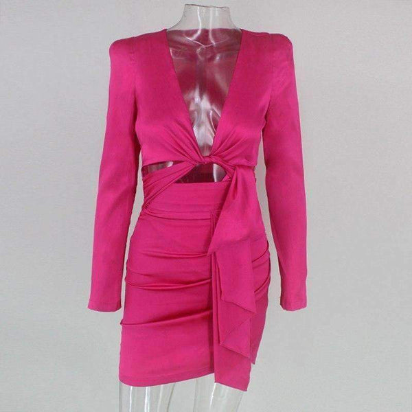 Planet Gates Rose / L Autumn Women Dress Mini Solid V Neck Sexy Dresses Solid Bodycon Elegant Long Sleeve Party Swimwear Woman Kylie Jenner Dress