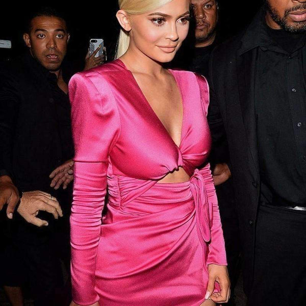 Planet Gates Rose / L Autumn Women Dress Mini Solid V Neck Sexy Dresses Solid Bodycon Elegant Long Sleeve Party Swimwear Woman Kylie Jenner Dress