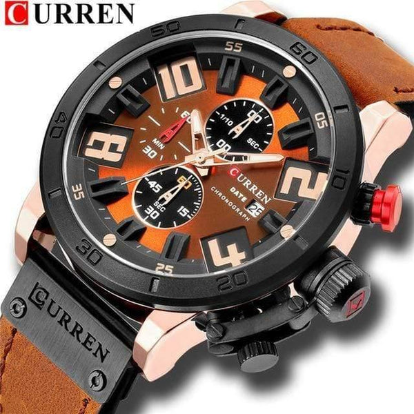 Planet Gates rose orange Mens Watches Fashion Chronograph Quartz Digital Wristwatch CURREN Leather Strap Watch With Waterproof 30M Reloj Hombre