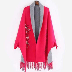 Planet Gates rose red / 190cmX65cm Design with sleeve Poncho scarf winter warm  cashmere Embroidery Cape tassel Blanket wrapped scarf shawl For Women