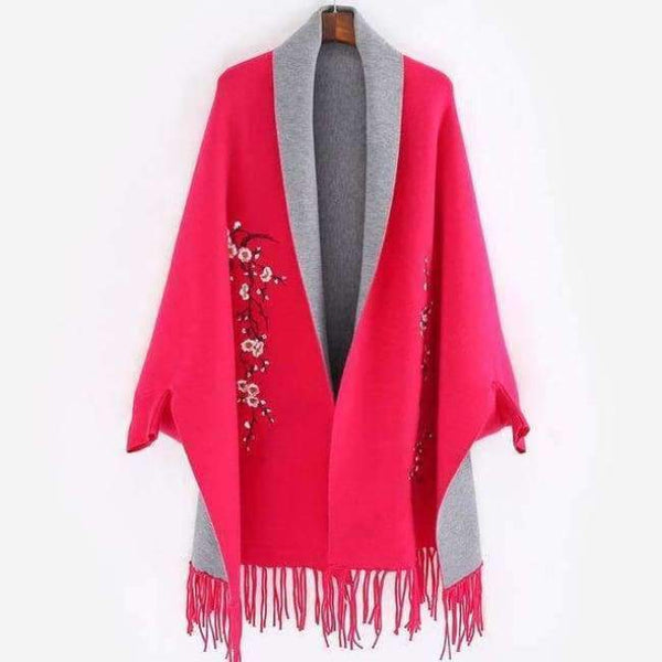 Planet Gates rose red / 190cmX65cm Design with sleeve Poncho scarf winter warm  cashmere Embroidery Cape tassel Blanket wrapped scarf shawl For Women