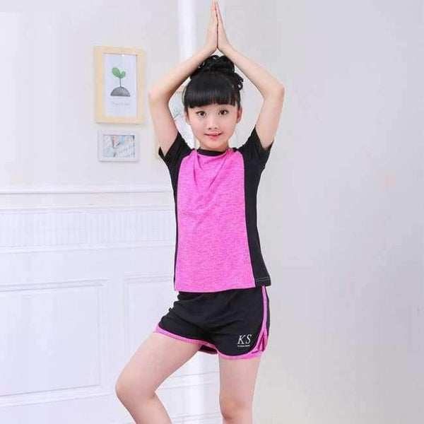 Planet Gates rose red / 7 Summer Children Clothing Set Short Sleeve Tops +Shorts Girls Sport Suit Fitness Yoga Teenage Girls Tracksuit Set DQ860