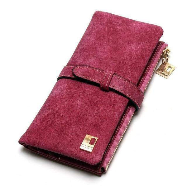 Planet Gates rose red Fashion Women Wallets Drawstring Nubuck Leather Zipper Wallet Women's Long Design Purse Two Fold More Color Clutch