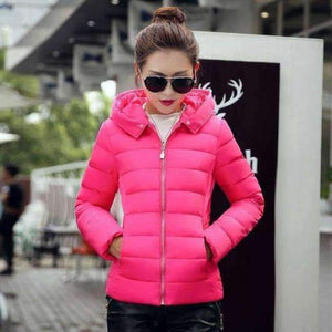Planet Gates ROSE RED / M Coat Autumn With Fur Collar Hooded Cotton Padded Winter Jacket Women Short Outwear Basic Jacket