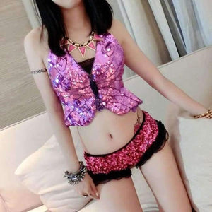 Planet Gates Rose red / One Size Sexy Nigthclub DS Stage Dance Costume Sexy Exotic Backless Bandage Bra Women Sequin Jazz Dancewear Costume Top