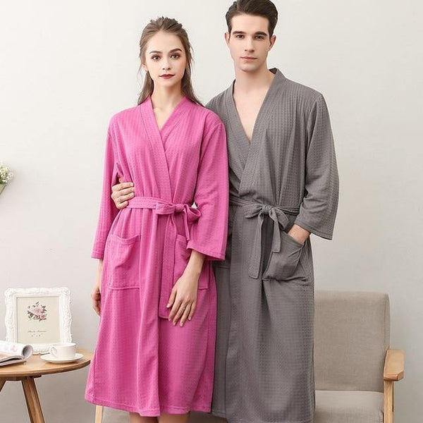 Planet Gates Rose Red Women / M Unisex Men Women Sleeve Solid Waffle Sleep Lounge Bathrobe Nightgown Lovers Robes