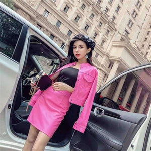 Planet Gates rose red / XXXL New Women Two Piece Set Female  Autumn Solid Jacket Top+Mini Skirt Faux Leather Suits Ladies Long Sleeve Outfit
