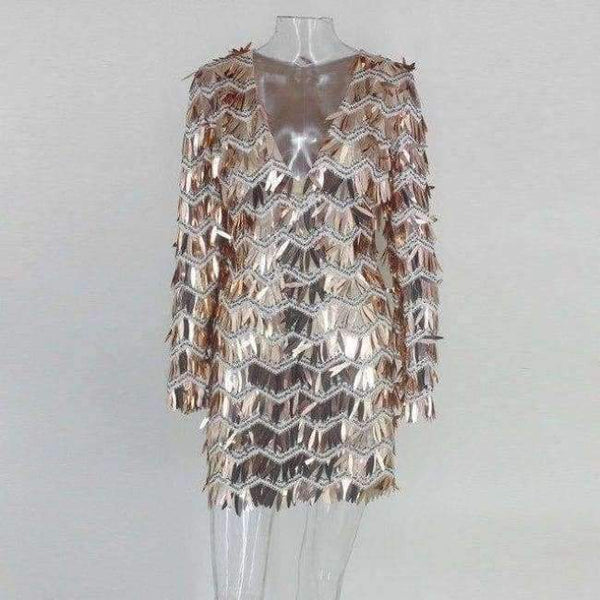 Planet Gates RoseG / L Evening Party Sexy V Neck Mini Dress Women 2018 Crystal Outfits Dresses Summer Long Sleeve Zipper Sequin Dress Vestidos