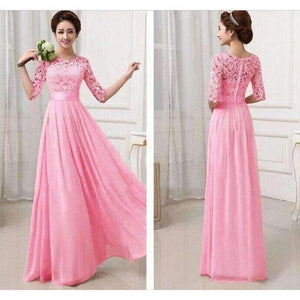 Planet Gates Rosy long dress / XXL Girl Long Wedding Party Dress 2018 Women White Hollow Bridesmaid Half Sleeve Pleated Chiffon Maxi Lace Dresses New Autumn