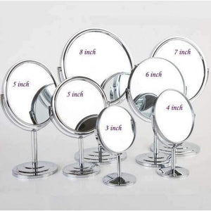 Planet Gates round 8 inch Makeup mirror stand for makeup magnifying 2X table mirrors, Round / Oval double sided mirror Silver metal