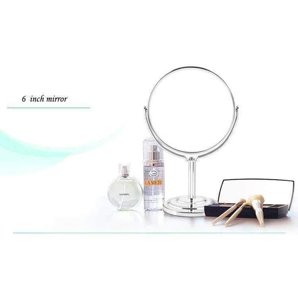 Planet Gates round 8 inch Makeup mirror stand for makeup magnifying 2X table mirrors, Round / Oval double sided mirror Silver metal